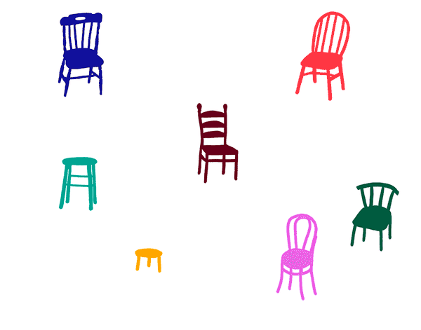 an animation of chairs coming together to form a ring around the words local economy: experiments in community